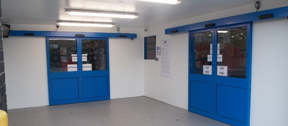 blue automatic sliding door installation by RDS